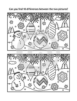 Christmas tree ornaments find the differences visual puzzle and coloring page