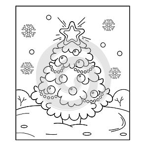 Christmas tree with ornaments and gifts. Christmas. New year. Coloring book for kids. Coloring Page.