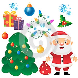 Christmas tree with ornaments and gifts. Santa Claus with gift bag. Garland and gifts. New year. Christmas set for kids