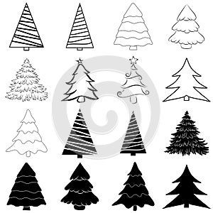 Christmas tree outline set. vector icon and silhouette shape collection