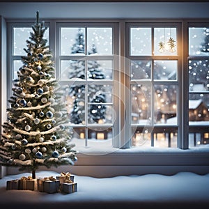 Christmas tree on panoramic view with gold giftboxes snow, AI generated image