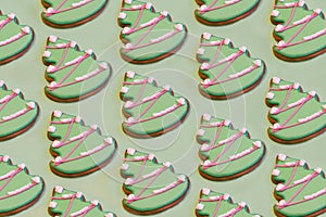 christmas tree pattern. shaped green gingerbread cookies. Traditional food. New Year holiday concept