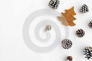 Christmas tree and pine cones on white paper, border composition.