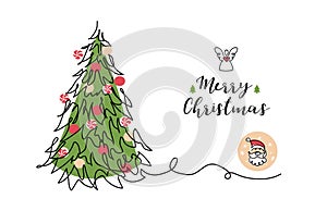Christmas tree, pine tree, fir, spruce. One continuous line art drawing. Vector color card, background, banner, poster