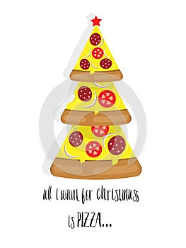Christmas Tree pizza with text. Vector illustration