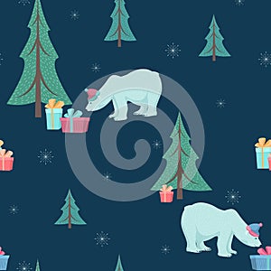 Christmas tree polar bear gifts seamless pattern