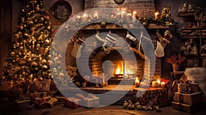 Christmas tree, presents and fireplace, Christmas night decoration, postcard