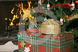 Christmas tree presents and fireplace vertical