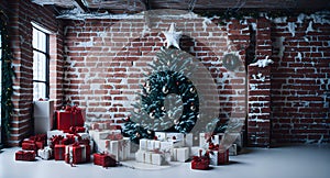 A christmas tree with presents in front of a brick wall created with Generative AI technology