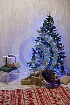 Christmas tree with presents, Garland lights new year holiday decor