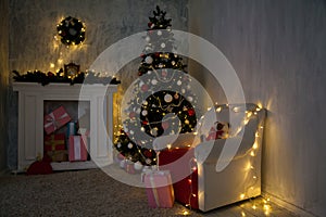 Christmas tree with presents, Garland lights new year holiday winter