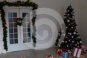 Christmas tree with presents, Garland lights new year holiday winter