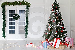 Christmas tree with presents, Garland lights new year holiday winter