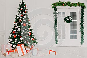 Christmas tree with presents, Garland lights new year holiday winter