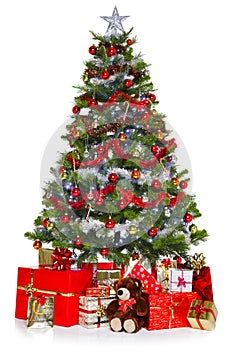 Christmas tree and presents isolated on white photo