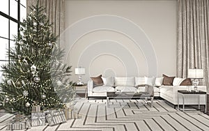 Christmas tree with presents in living room interior design. Hampton style. Mockup white wall in luxury home background