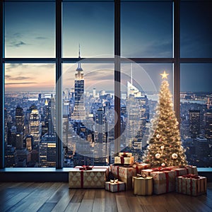 Christmas tree with presents and New York city night view from the window. New Year's Eve.