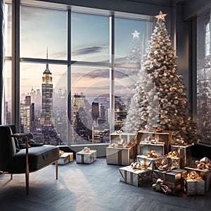 Christmas tree with presents and New York city view from window. New Year's Eve.
