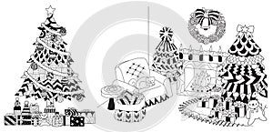 Christmas tree,presents and ornaments drawing set