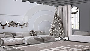 Christmas tree and presents in scandinavian living room with sofa and carpet. Parquet and vaulted ceiling, White and dark modern