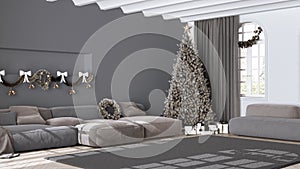 Christmas tree and presents in scandinavian living room with sofa and carpet. Parquet and vaulted ceiling, White and gray modern