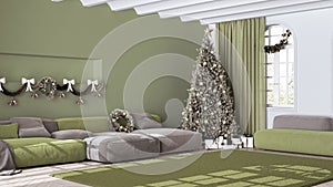 Christmas tree and presents in scandinavian living room with sofa and carpet. Parquet and vaulted ceiling, White and green modern