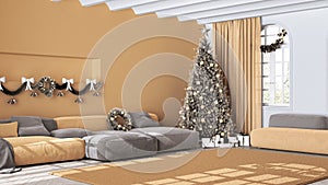 Christmas tree and presents in scandinavian living room with sofa and carpet. Parquet and vaulted ceiling, White and yellow modern