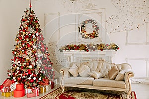 Christmas tree with presents underneath in living room