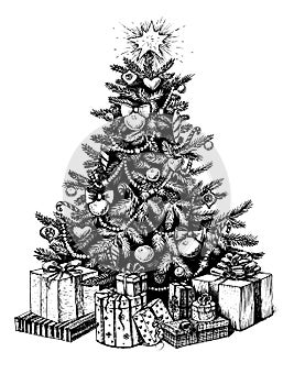 Christmas tree and presents. Vector vintage hand drawn illustration.