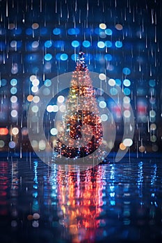 christmas tree in the rain with city lights in the background