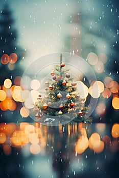 a christmas tree in the rain with lights on it