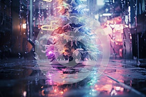 a christmas tree in the rain with neon lights