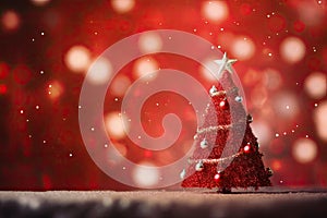 Christmas tree on red background with bokeh. Christmas and New Year concept, Christmas Tree With Ornament And Bokeh Lights In Red