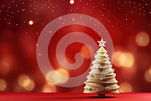 Christmas tree on red background with bokeh effect. 3d illustration, Christmas tree with ornament and bokeh lights in a red