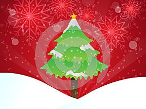 Christmas Tree On Red Background With Snowflakes