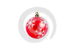 Christmas tree red ball with snowdrops isolated on white background