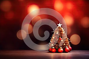 Christmas tree with red baubles and lights on bokeh background, Christmas Tree With Ornament And Bokeh Lights In Red Background,