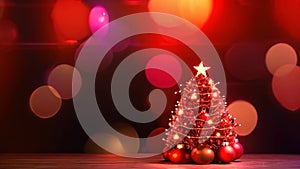 Christmas tree with red baubles and lights on bokeh background, Christmas Tree With Ornament And Bokeh Lights In Red Background,