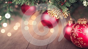 Christmas tree with red baubles and lights bokeh background, wooden floor