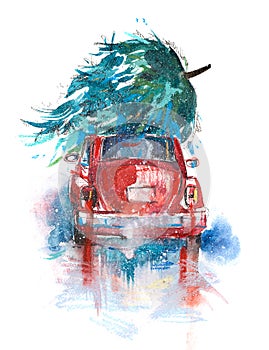 Christmas tree on red car. Christmas holiday celebration and new year. Winter Landscape snowy road in forest