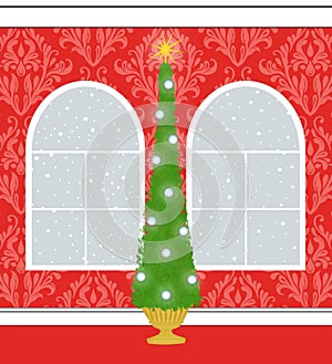 Christmas Tree in a Red Damask Room With Palladian Windows