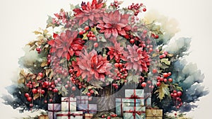 A Christmas tree with red flowers and gifts under it
