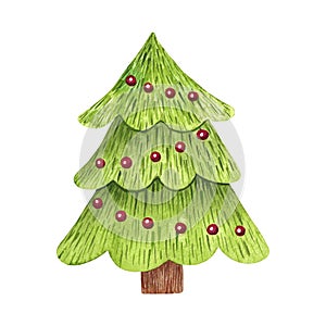 Christmas tree with red garland. Hand painted watercolor illustration on white background.