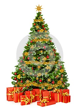 Christmas Tree with Red Gift Boxes and Golden Toys isolated White. Xmas Fir Tree with many Packed Presents under it. Decorated