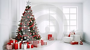 Christmas tree with red gifts in the white room Christmas