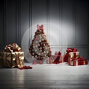 Christmas tree with red gold baubles around gifts with bows.Christmas banner with space for your own content