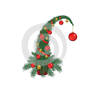 Christmas tree with red and gold toys, the top of the tree is tilted, poster, isolated