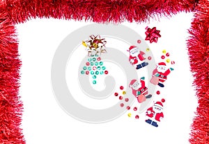 Christmas tree of red, green and gold spangles on a white background, gift bows and toys in the form of Santa Claus