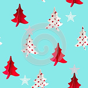 Christmas tree red,maroon,white with red dot and star seamless pattern on blue color background.Artwork minimal illustration paste