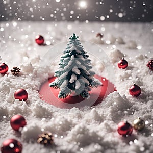 Christmas tree red ornaments decoration snow sparkles, AI generated image